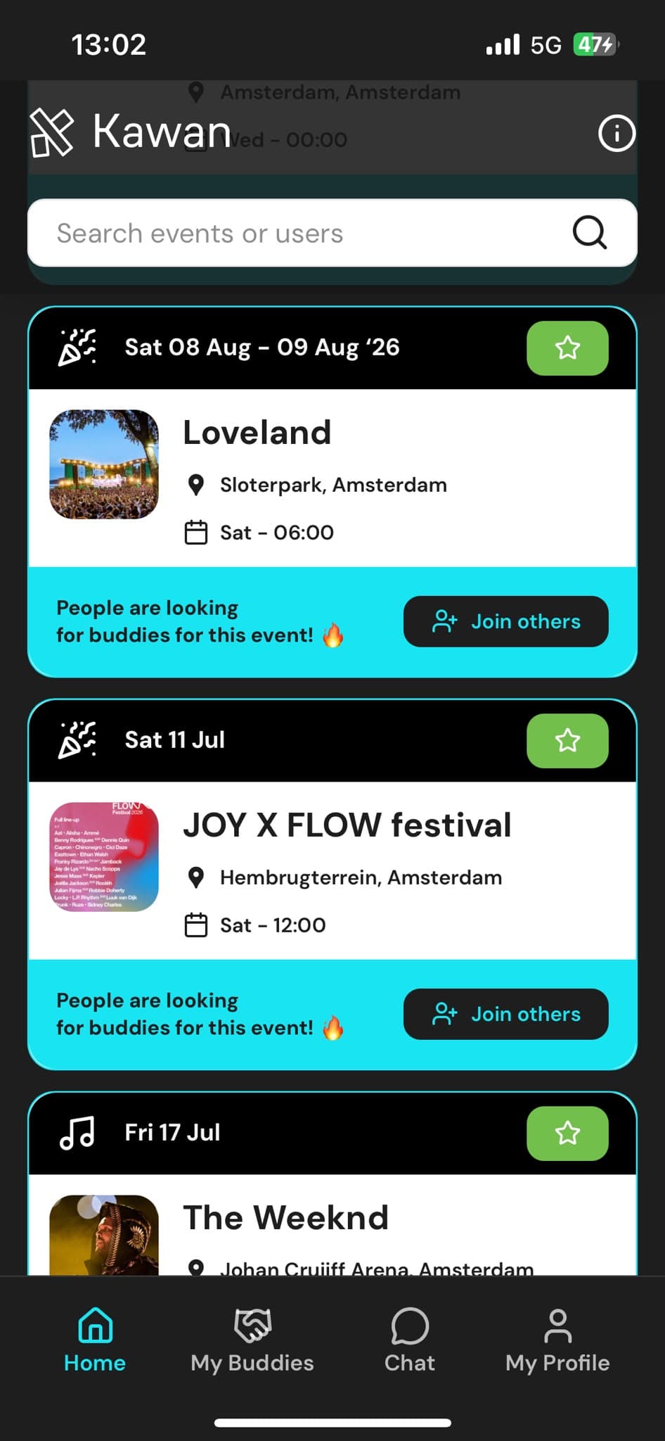 Kawan home screen showing events with people looking for buddies