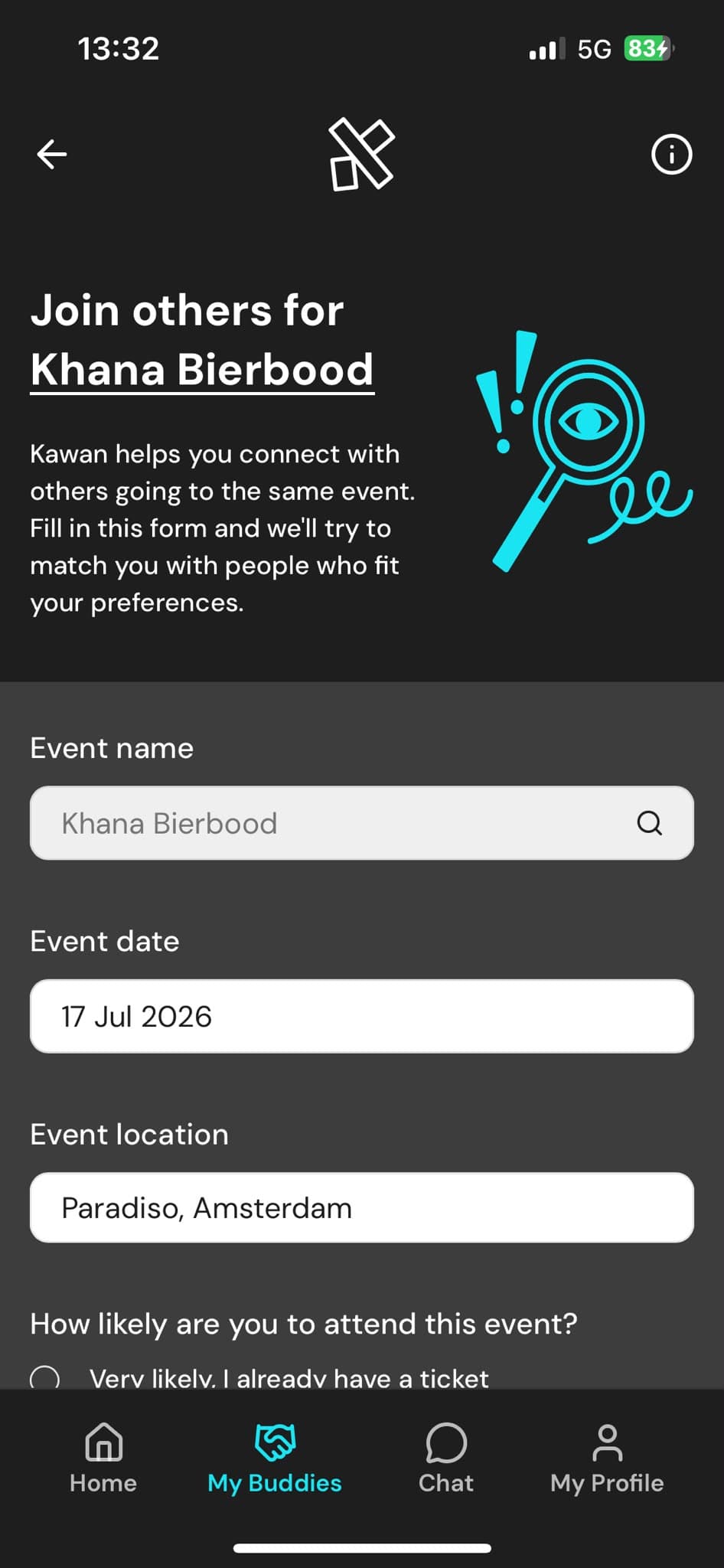 Kawan buddy request form for an event